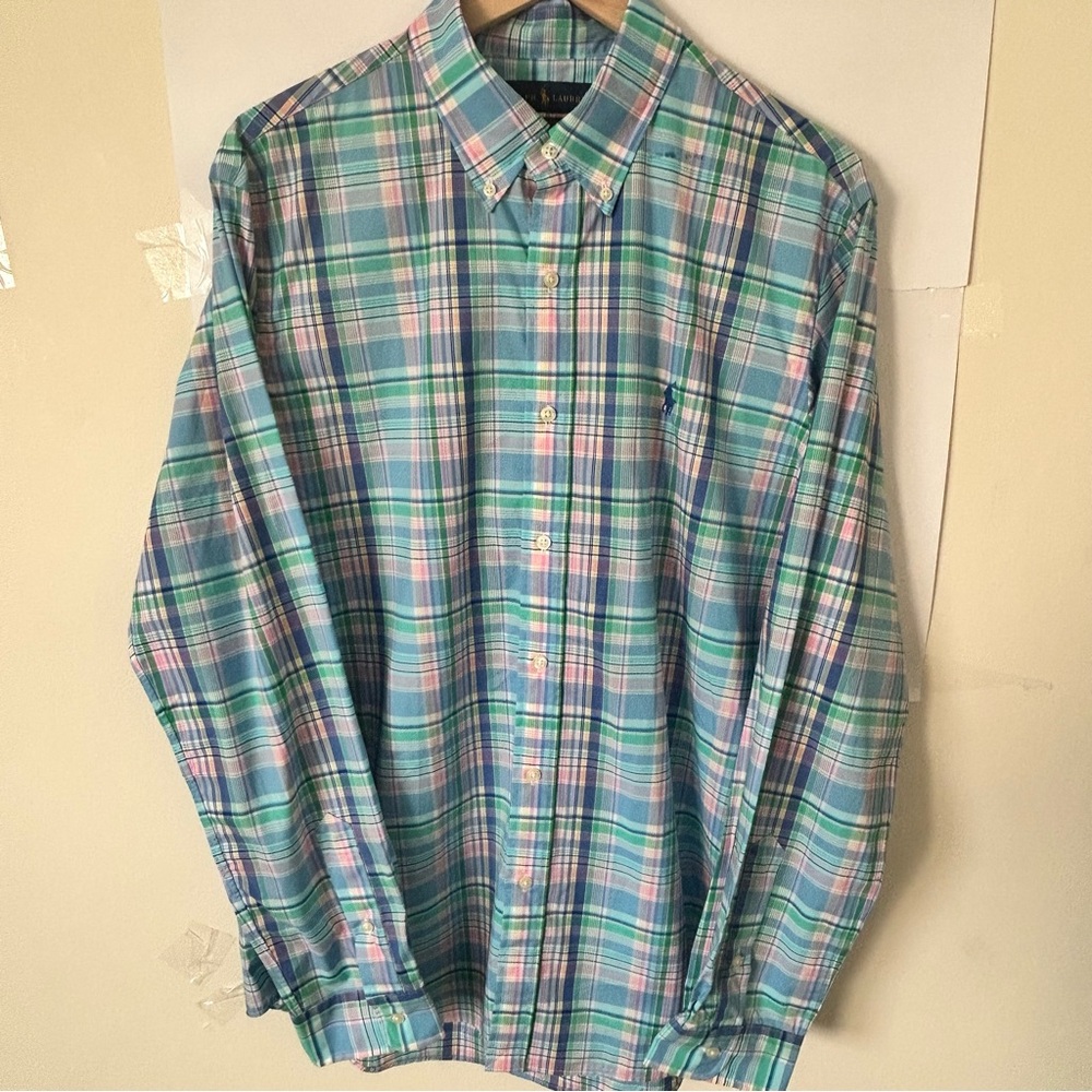 Ralph Lauren Pastel Plaid Button-Down Shirt L Stretch Cotton